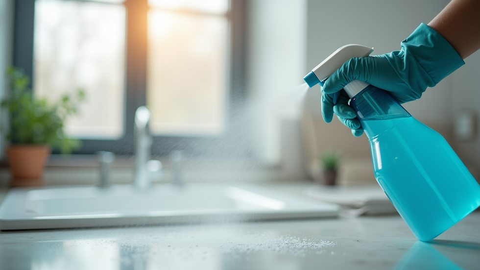Close-up of a professional cleaner spraying disinfectant on a countertop