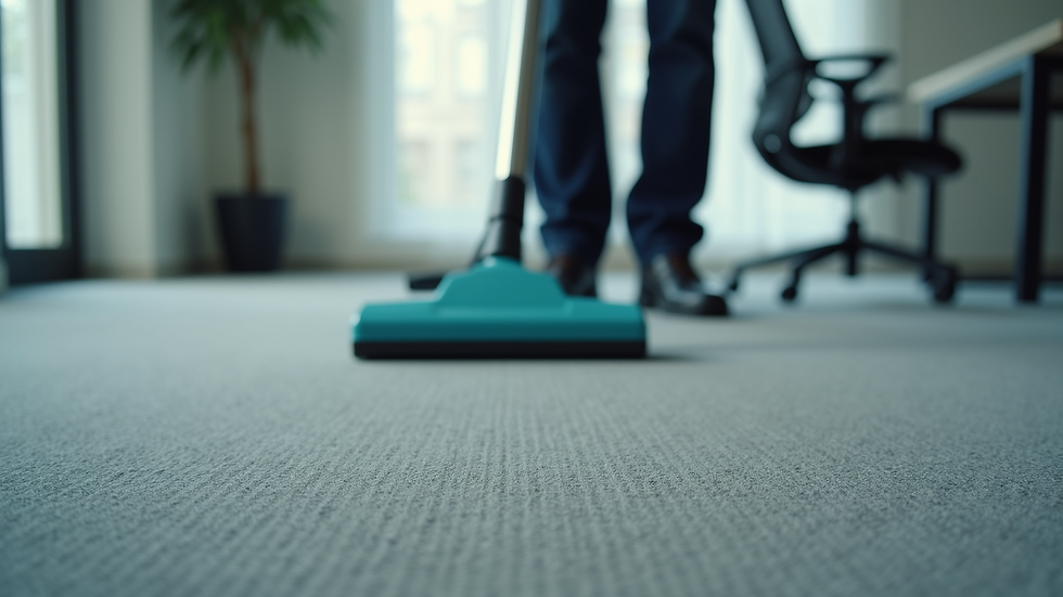 Close-up view of a professional cleaner vacuuming an office carpet