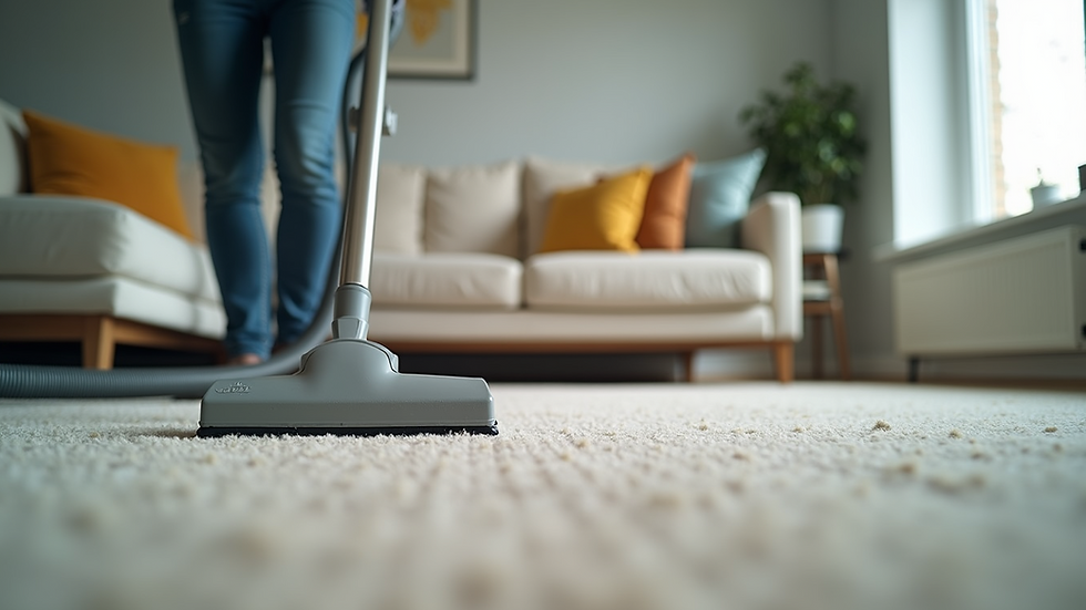 Eye-level view of a professional cleaner vacuuming a modern living room carpet