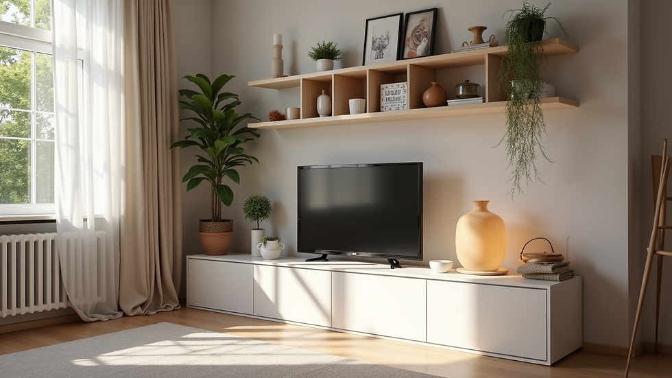 Eye-level view of a neatly organized living room with storage solutions