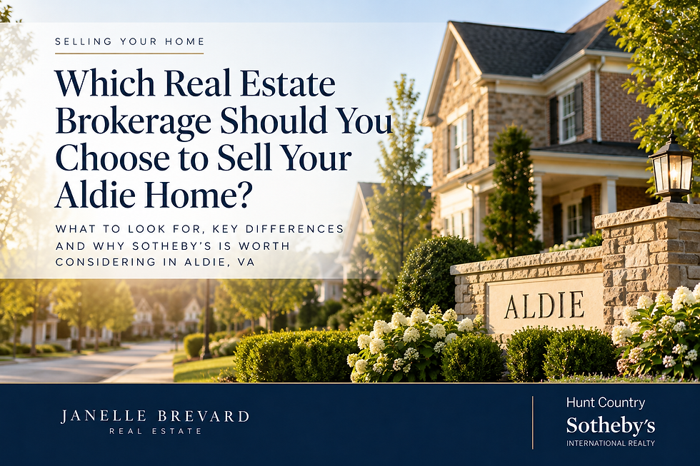 Blog graphic about choosing the best real estate brokerage to sell a house in Aldie VA, featuring an upscale Northern Virginia home and information about Hunt Country Sotheby's International Realty and realtor Janelle Brevard.