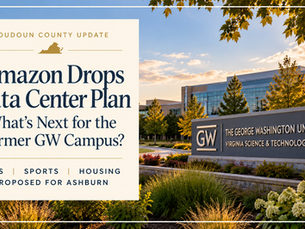 Blog graphic announcing Amazon’s withdrawal of its Loudoun County data center proposal at the former George Washington University campus in Ashburn, Virginia, with potential plans for arts, sports and housing development.