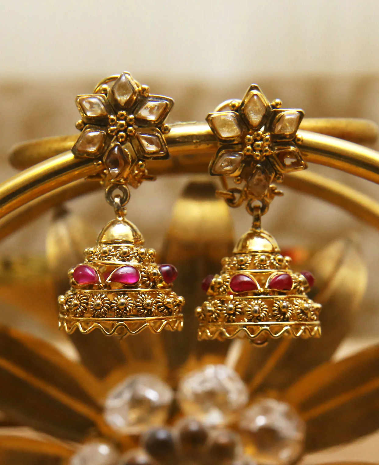 Gold Ruby Jhumka Earrings, Gold ruby jhumkas, ruby jhumkas gold, south indian jewellery