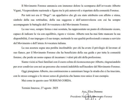 Cordoglio per la scomparsa dell'avv. Alberto Vigani