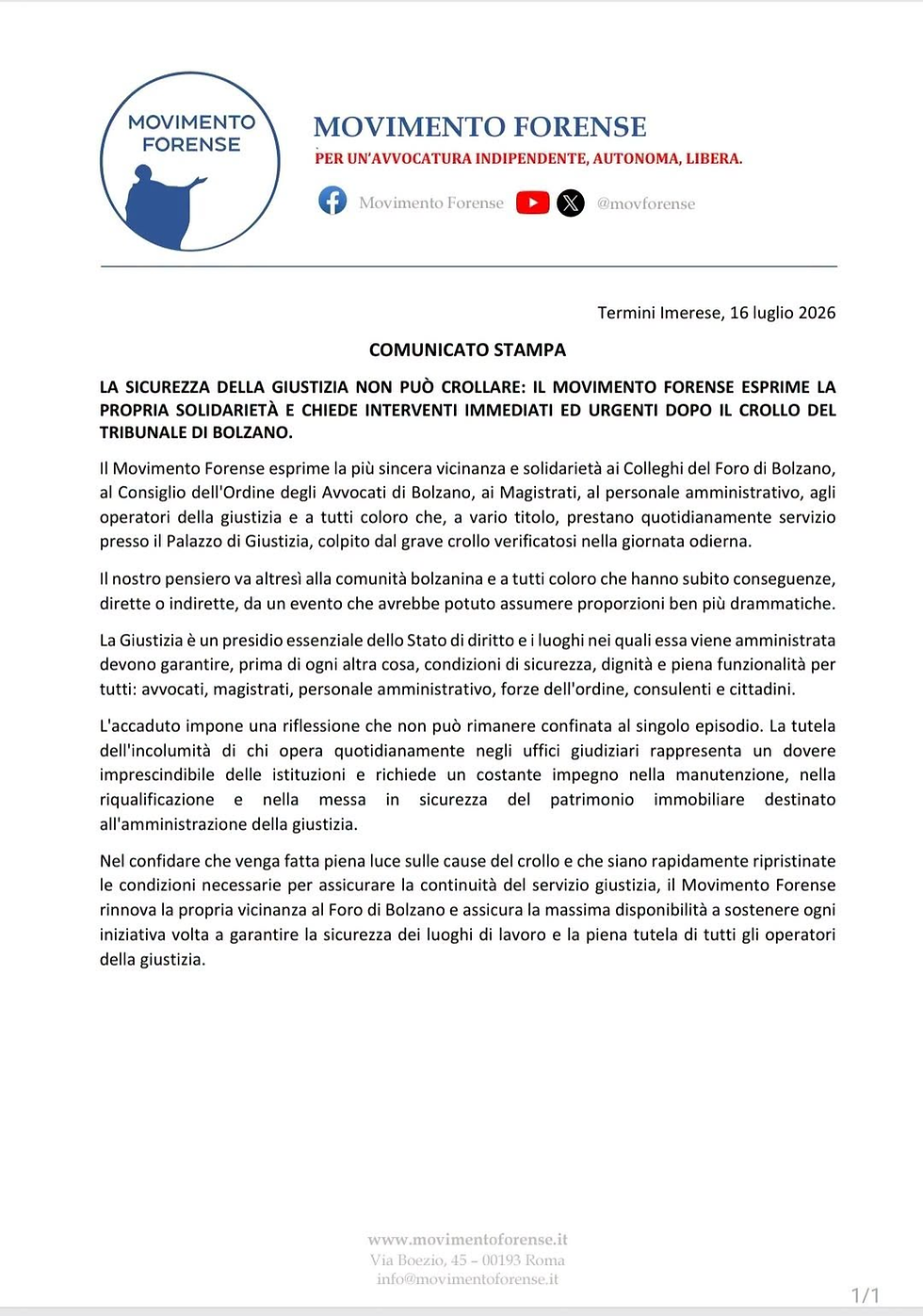 La sicurezza della Giustizia non può crollare: solidarietà al Tribunale di Bolzano