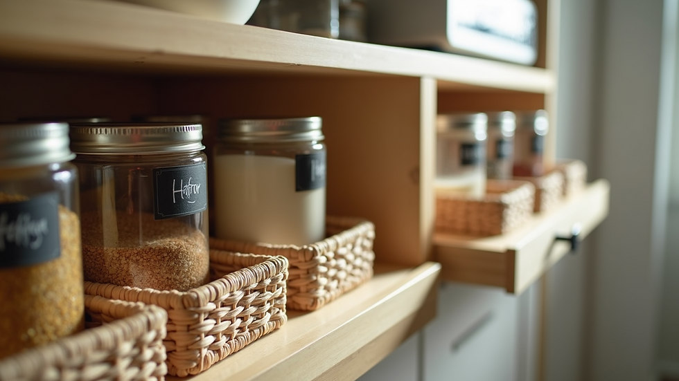 Close-up view of kitchen cabinet with pull-out baskets and labeled jars