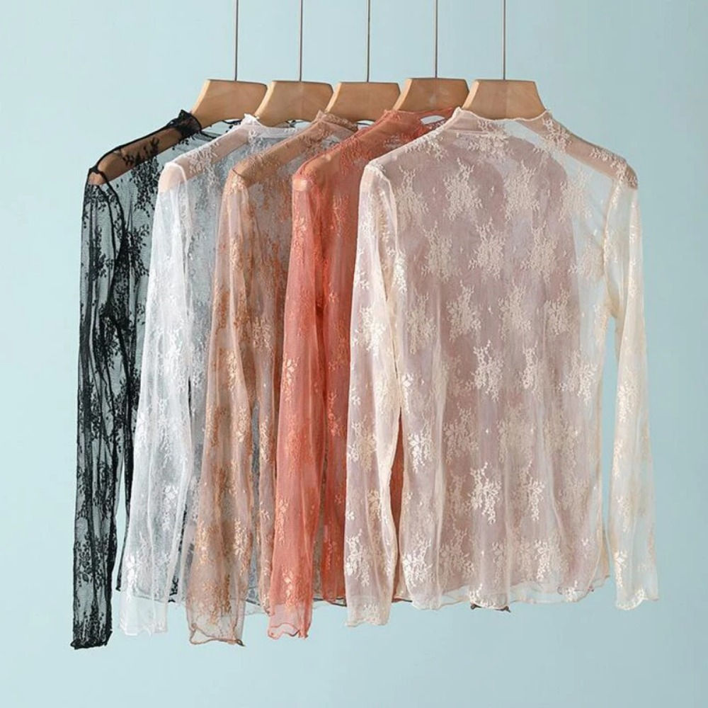 Women's Mesh T-Shirts Long Sleeve Transparent Lace Blouse Sheer See through Top