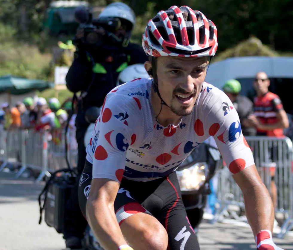 Auch dieses Jahr will Alaphilippe das gepunktete Trikot gewinnen. Die markante Gestaltung des gepunkteten Trikots soll auf den französischen Schokoladenhersteller „Chocolat Poulain“ zurückgehen, der seine Schokolade in weissem Papier mit roten Punkten verkaufte und die Bergwertung ursprünglich sponserte.