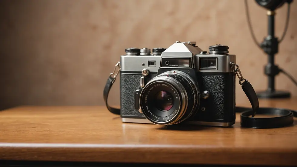 Close-up view of vintage camera and photo backdrop ready for a shoot