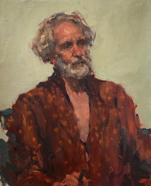 Australian artist, modern australian artist, modern female artist, contemporary australian artist, impressionism australia, plein air australia, plein air painting, impressionist, Australian Female artist, Jennifer Fyfe, contemporary female artist, portrait artist, painting from life, portrait painter from life, portrait artist, lmpressionist artist portraiture, portrait of a man with a beard, oil painting of man with a beard, portrait in smoking jacket