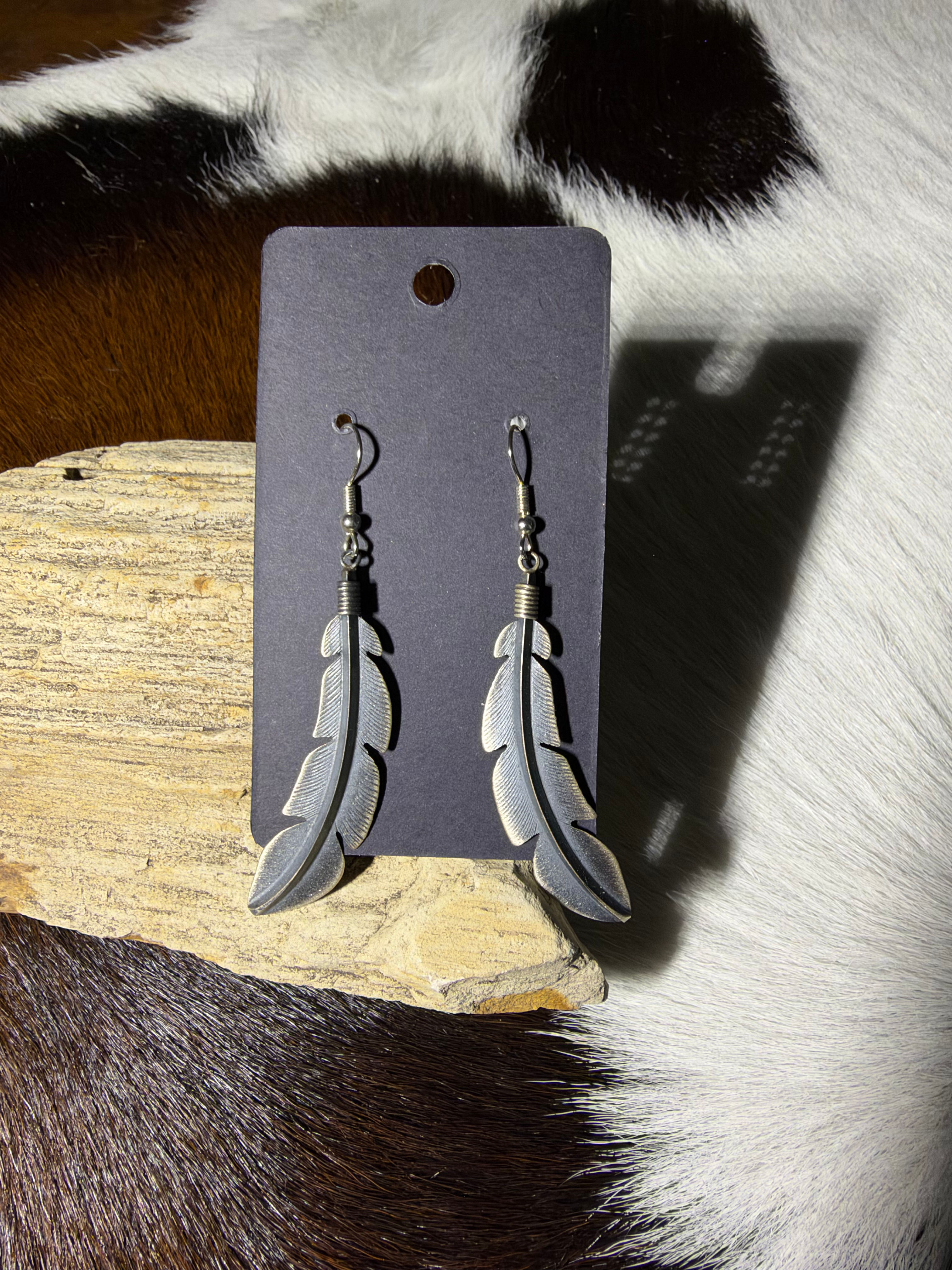 Sterling Silver Feather Dangle Earrings 