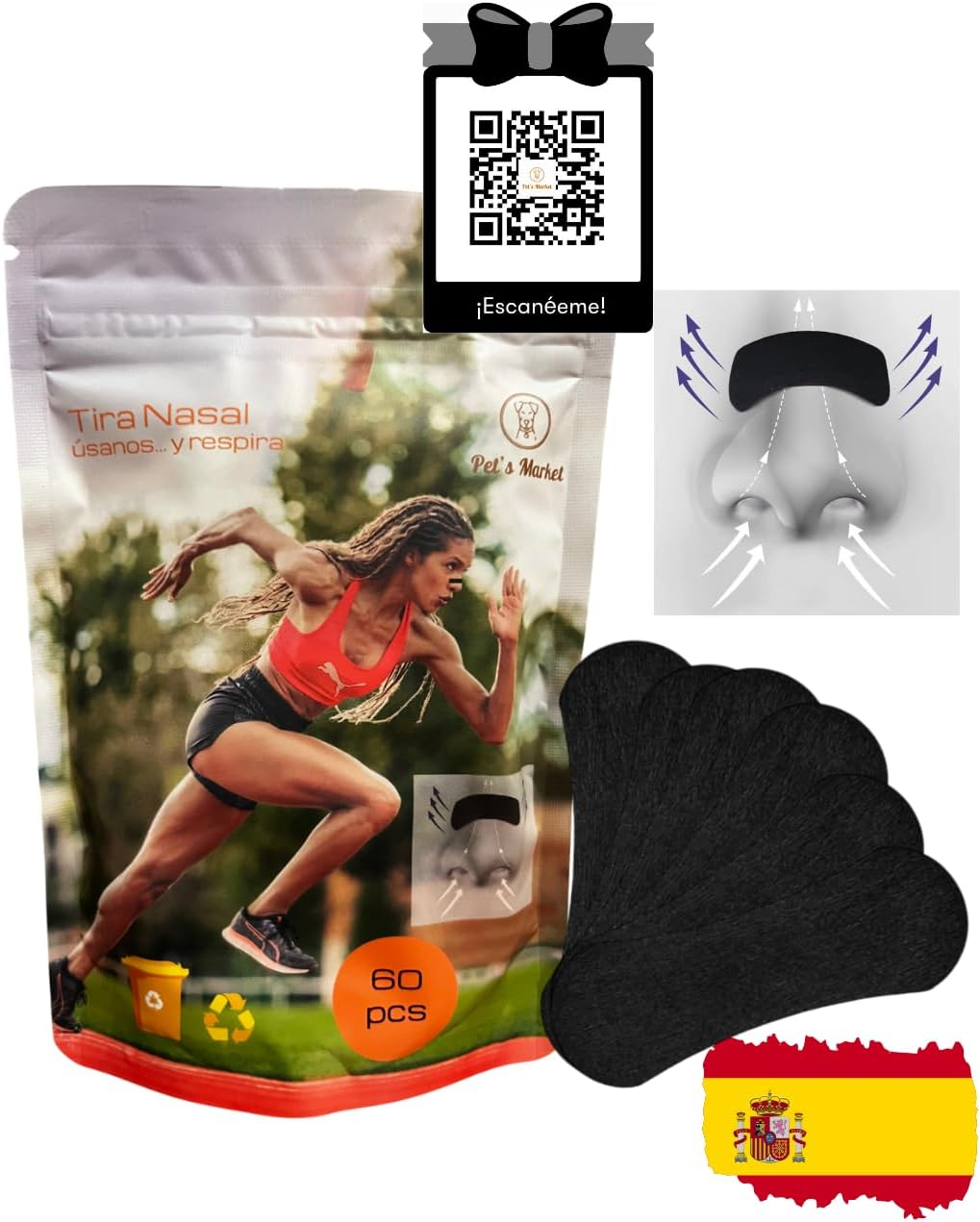 60 Tiras Nasales Deportivas Y Dormir PREMIUM- Adhesivas Hipoalergénicas - QR Guí