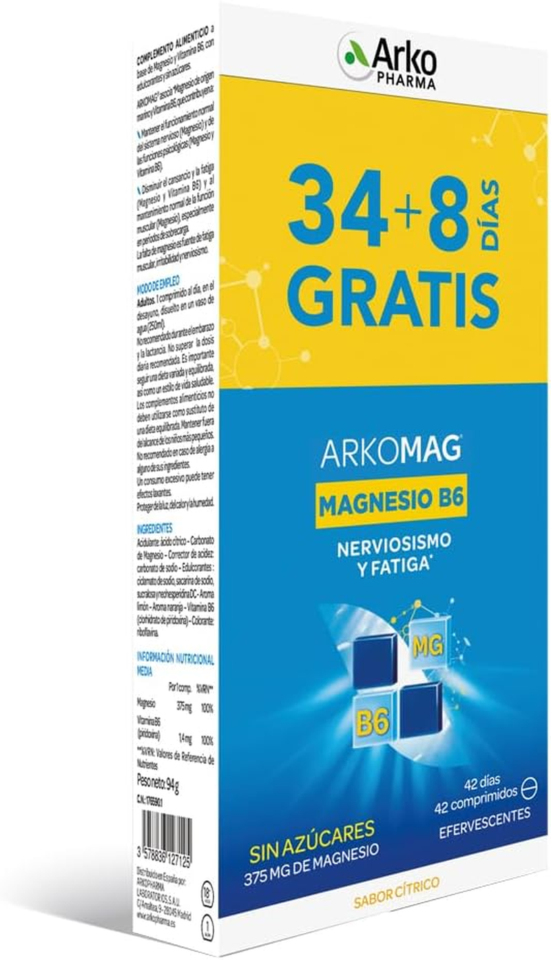 Arkopharma Magnesio + Vitamina B6 - Pack 42 Comprimidos Efervescentes, Mantenimi