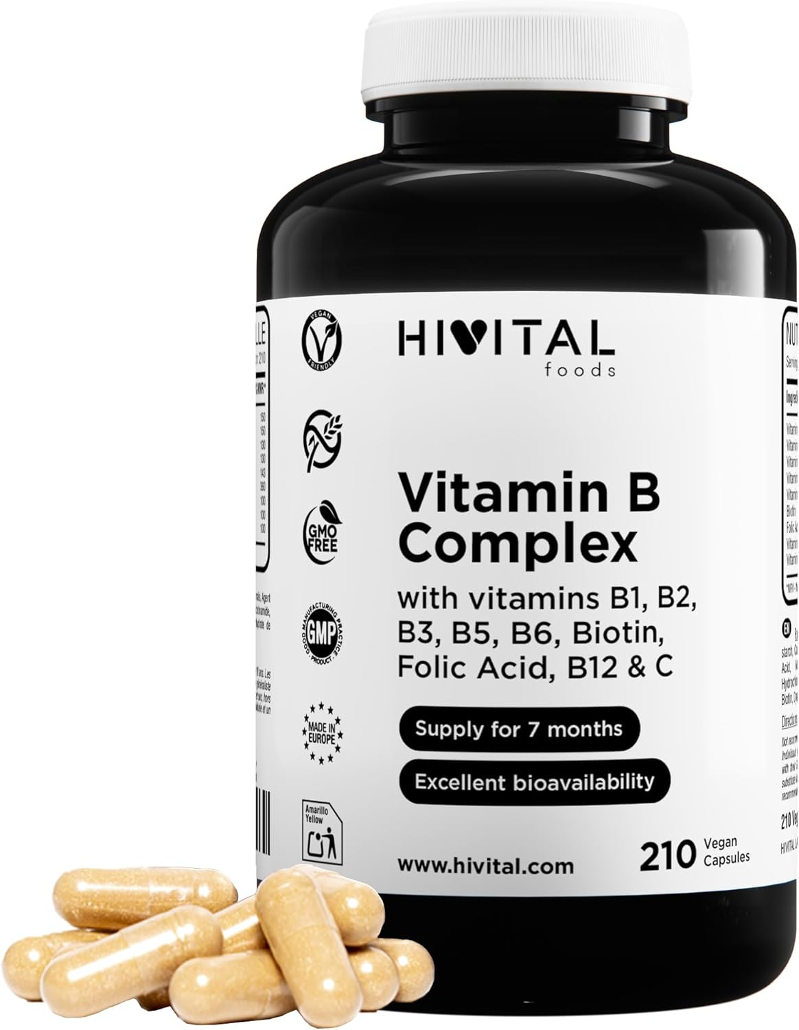 Vitamina B Complex. 210 Cápsulas Veganas Para 7 Meses De Tratamiento. Complejo V