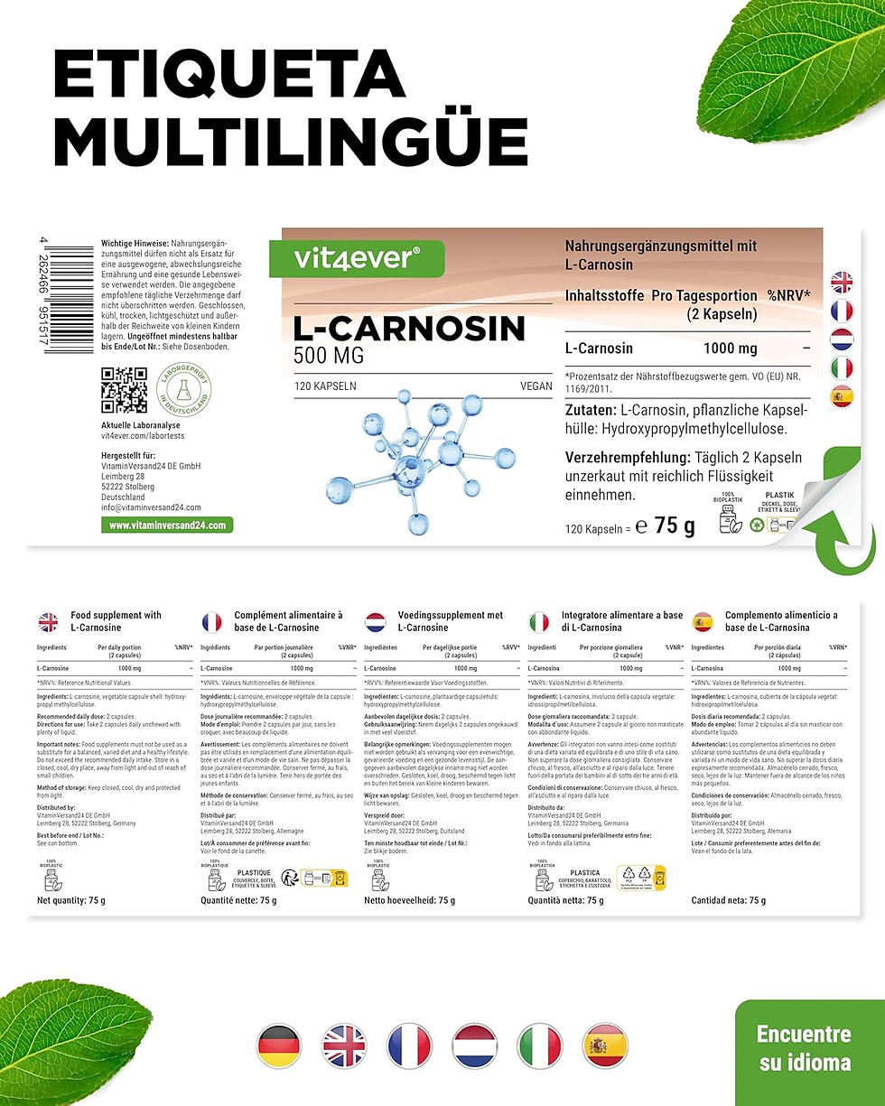 Miniatura: L-Carnosina - 120 Cápsulas - Alta Dosis Con 1000 Mg Por Ración Diaria - Aminoáci