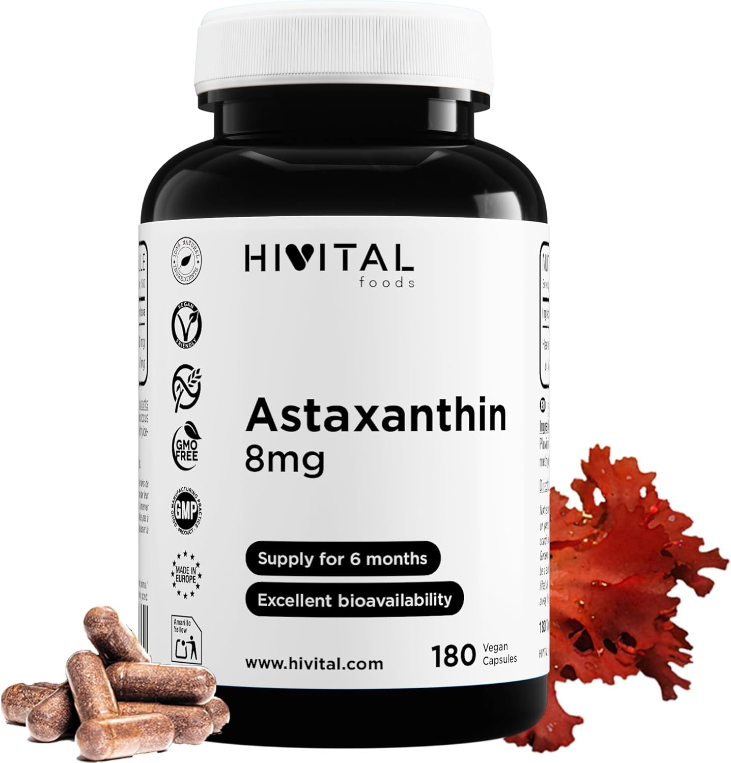 Astaxantina Pura 8 Mg. 180 Cápsulas Veganas Para 6 Meses De Tratamiento. Procede