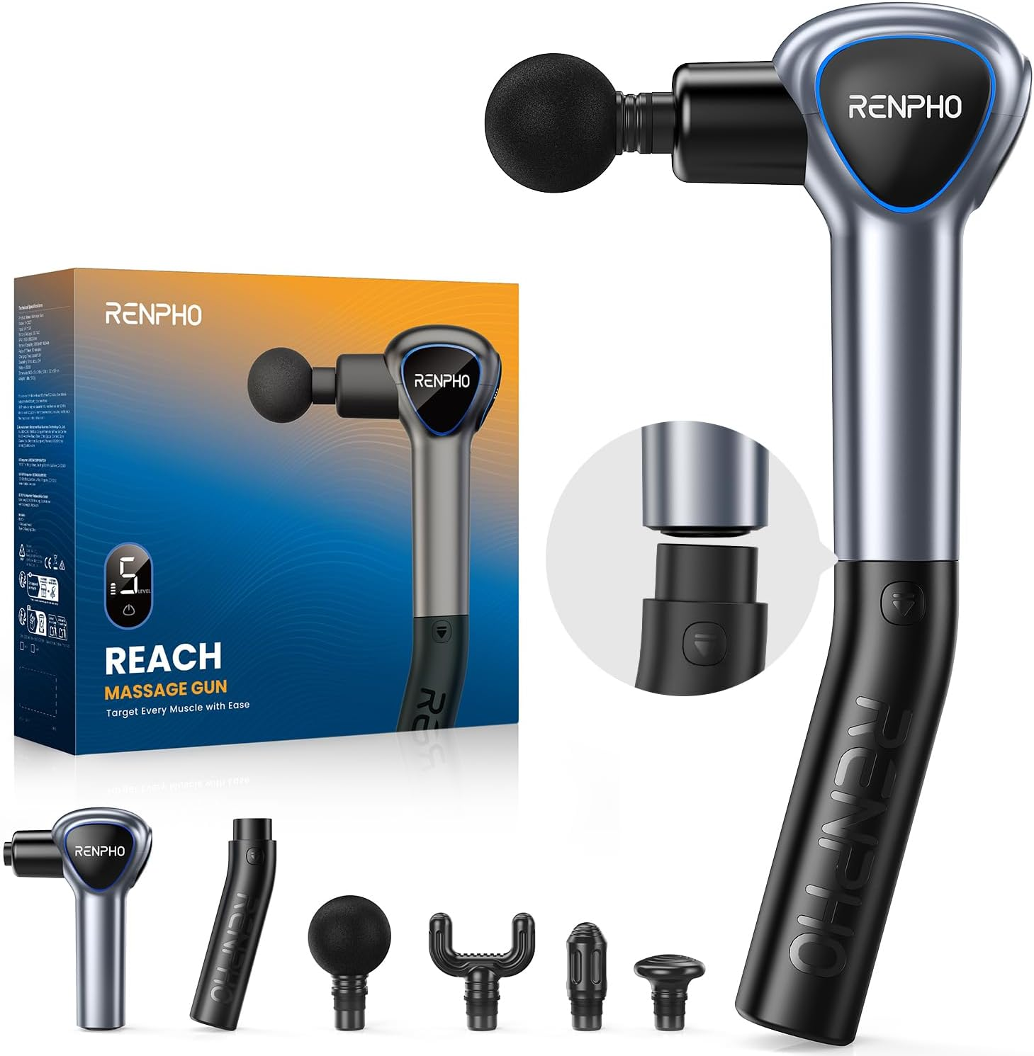 RENPHO Reach Massage Gun with Detachable Extendable Handle, Professional Massage