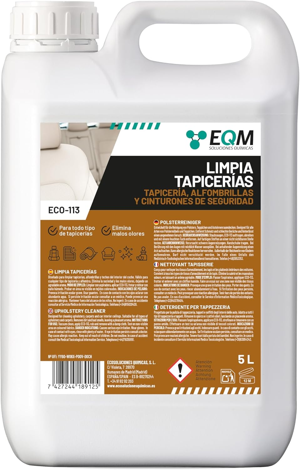 EQM - ECO-113 - Limpia Tapicerías Coche Profesional - 5L - Tela, Cuero Y Alcanta