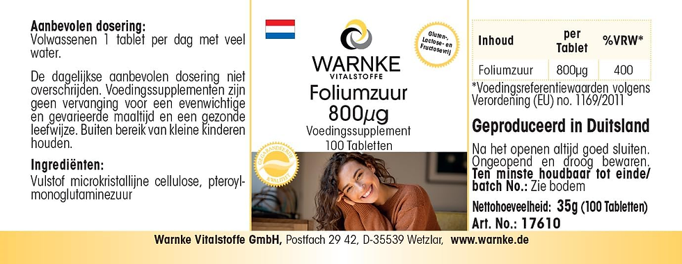 Miniatura: Ácido Fólico 800Μg – 100% Vegano – Vitamina B9 – 100 Comprimidos | Warnke Vitals