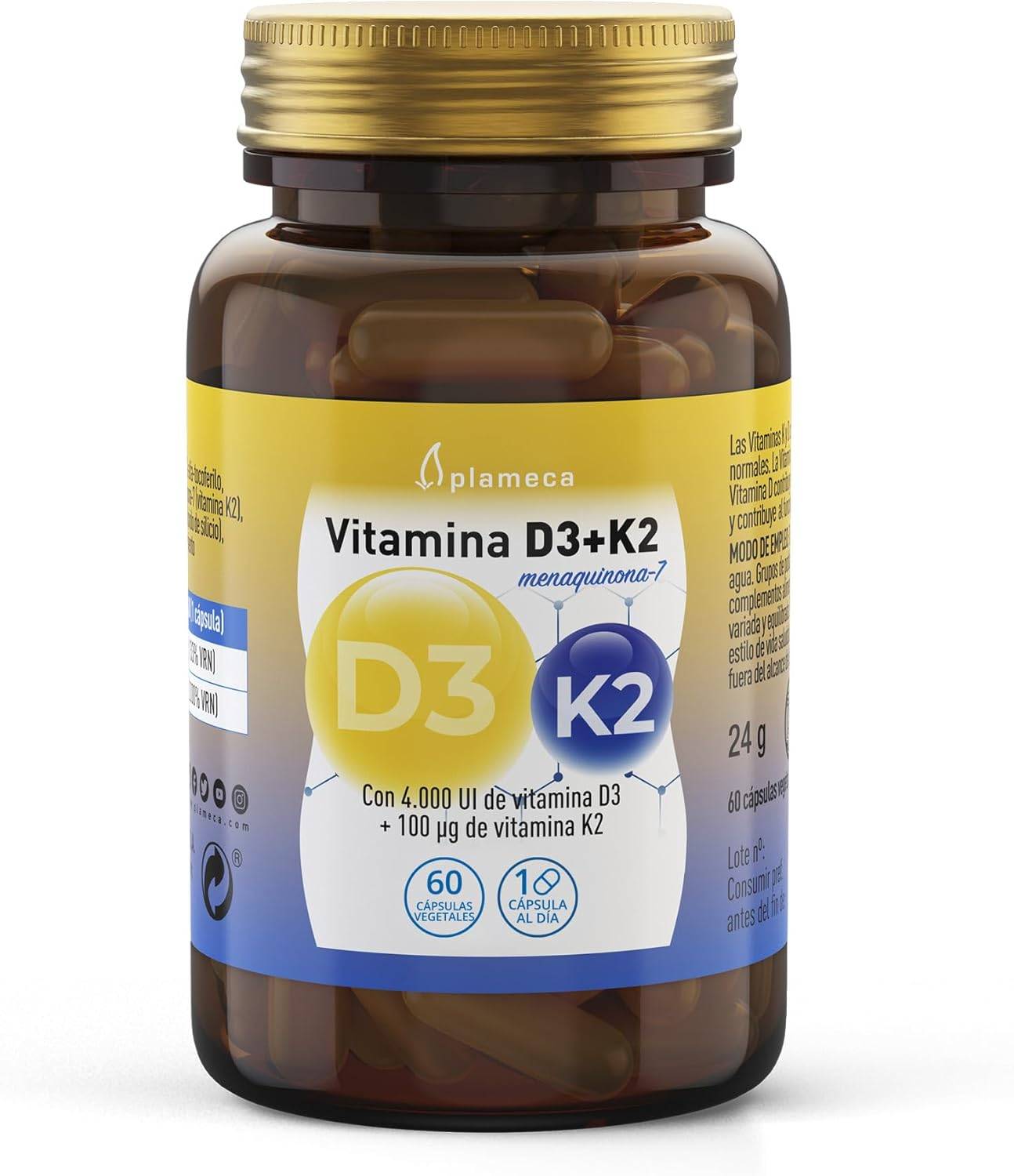 PLAMECA Vitamina D3 + K2 Huesos Fuertes Y Sanos, Con Vitamina D3 Y K2, 60 Cápsul