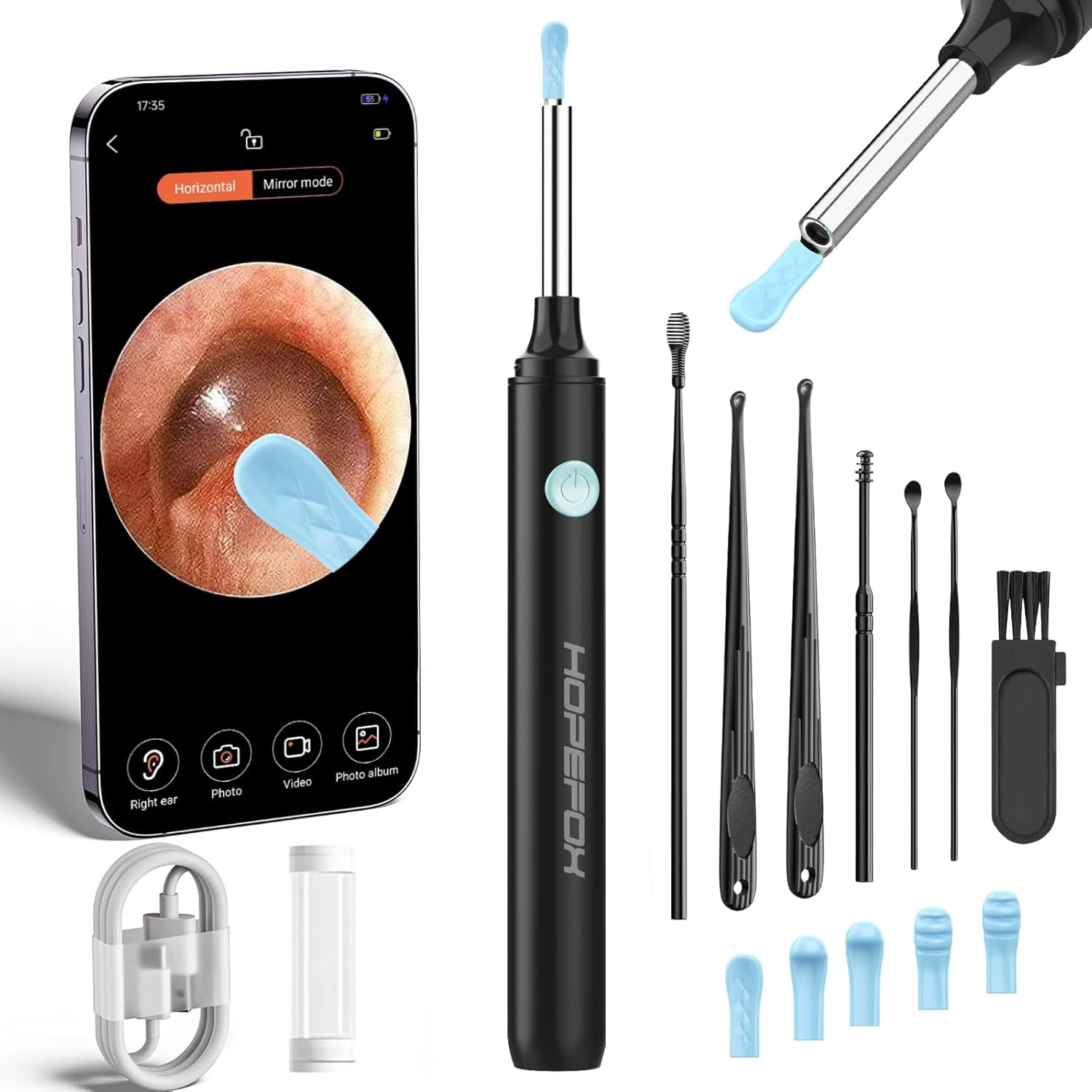 Otoscopio Limpiador Oidos, 3,5Mm Wifi Endoscopio De Oído Con 1080P Cámara Y 6 LE