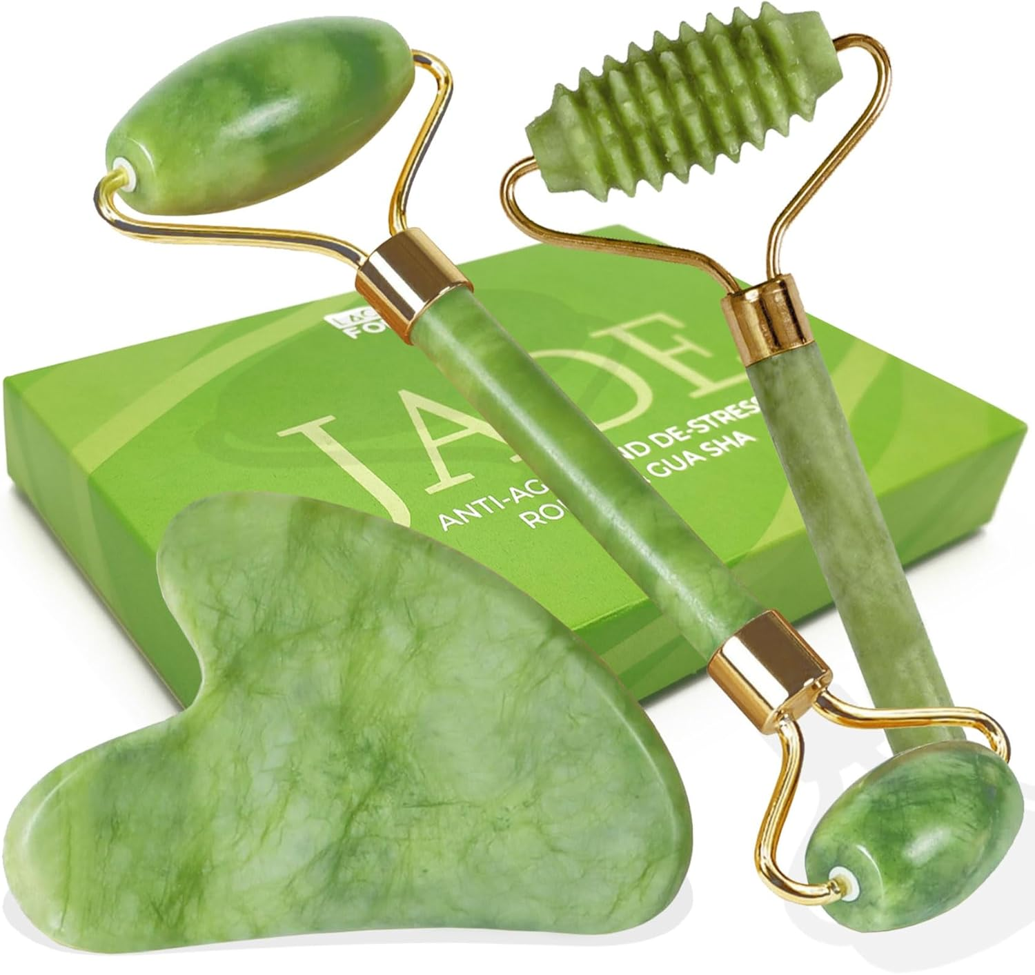 Piedra Gua Sha Facial Y 2 Rodillo Jade Autentico - 3 Piezas Para Masaje Facial C
