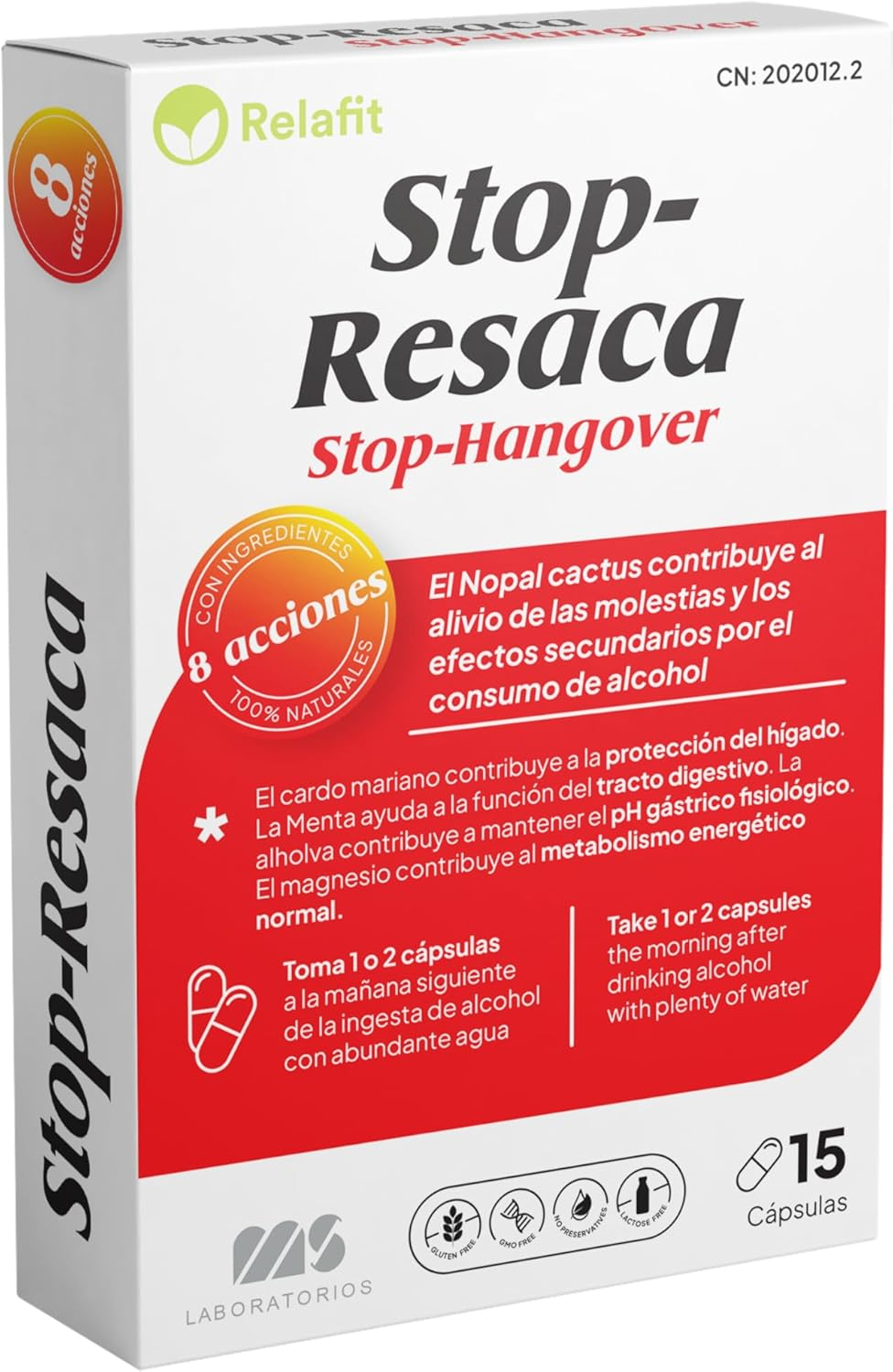 Stop Resaca – 15 Cápsulas | Relafit - Laboratorios MS | Vitamina B12 | Contribuy