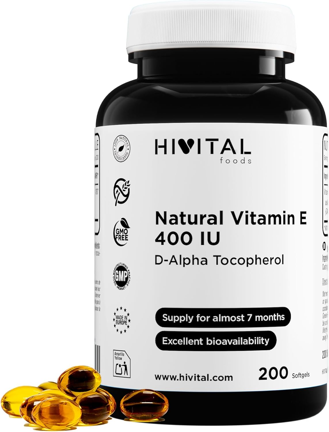 Vitamina E Natural 400 UI (D-Alfa Tocoferol). 200 Perlas Para Más De 6 Meses De 