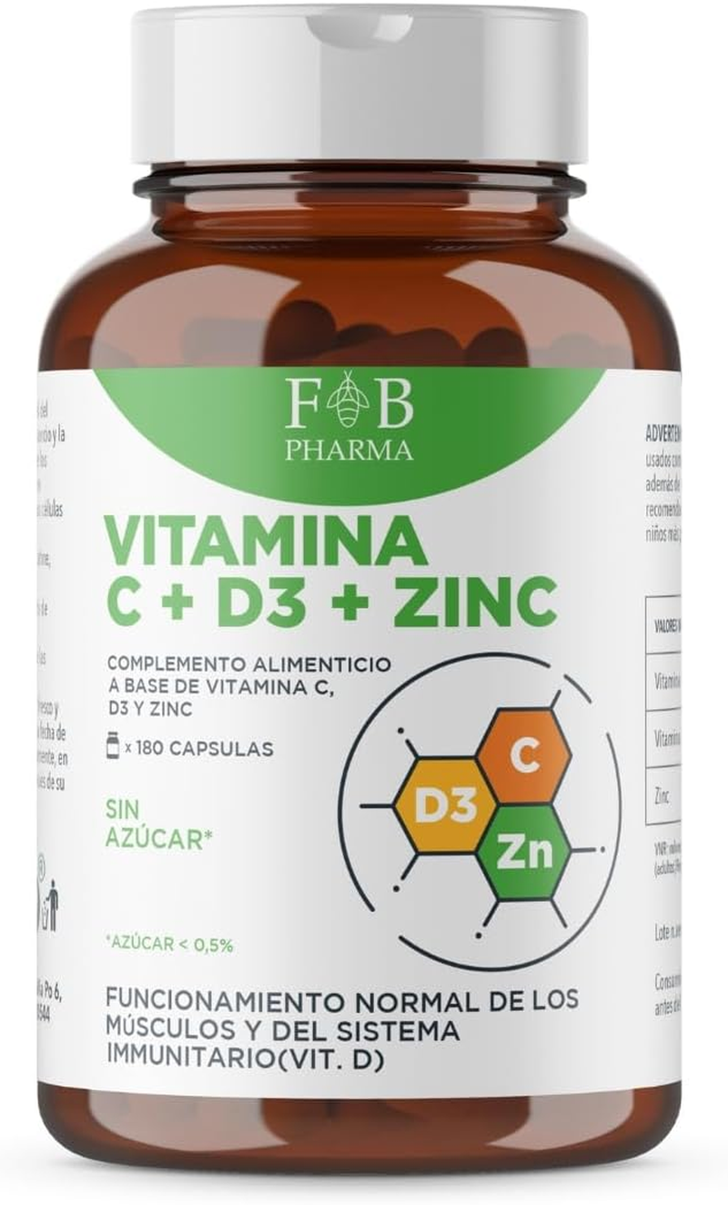 FB Pharma - Vitamina C Y Zinc Y Vitamina D - 180 Cápsulas a Base De Vitamina C -