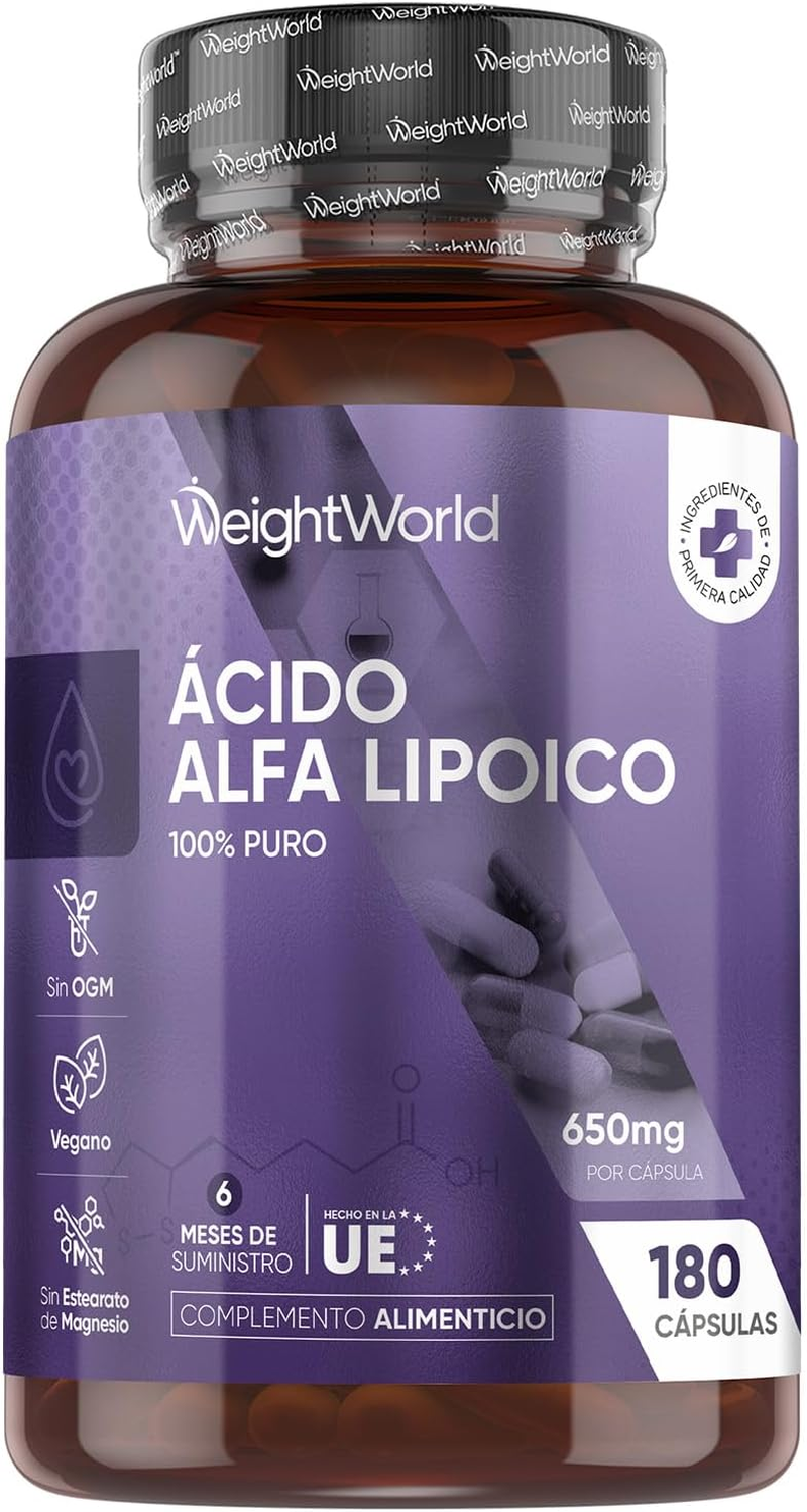Ácido Alfa Lipoico 650 Mg - 180 Cápsulas De ALA 100% Puro Para 6 Meses - Sin OGM