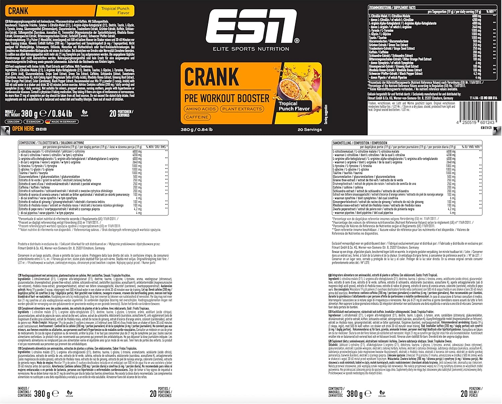 Miniatura: ESN Crank, Tropical Punch, 380 G, Potenciador Pre-Entrenamiento, Vegano - Made i