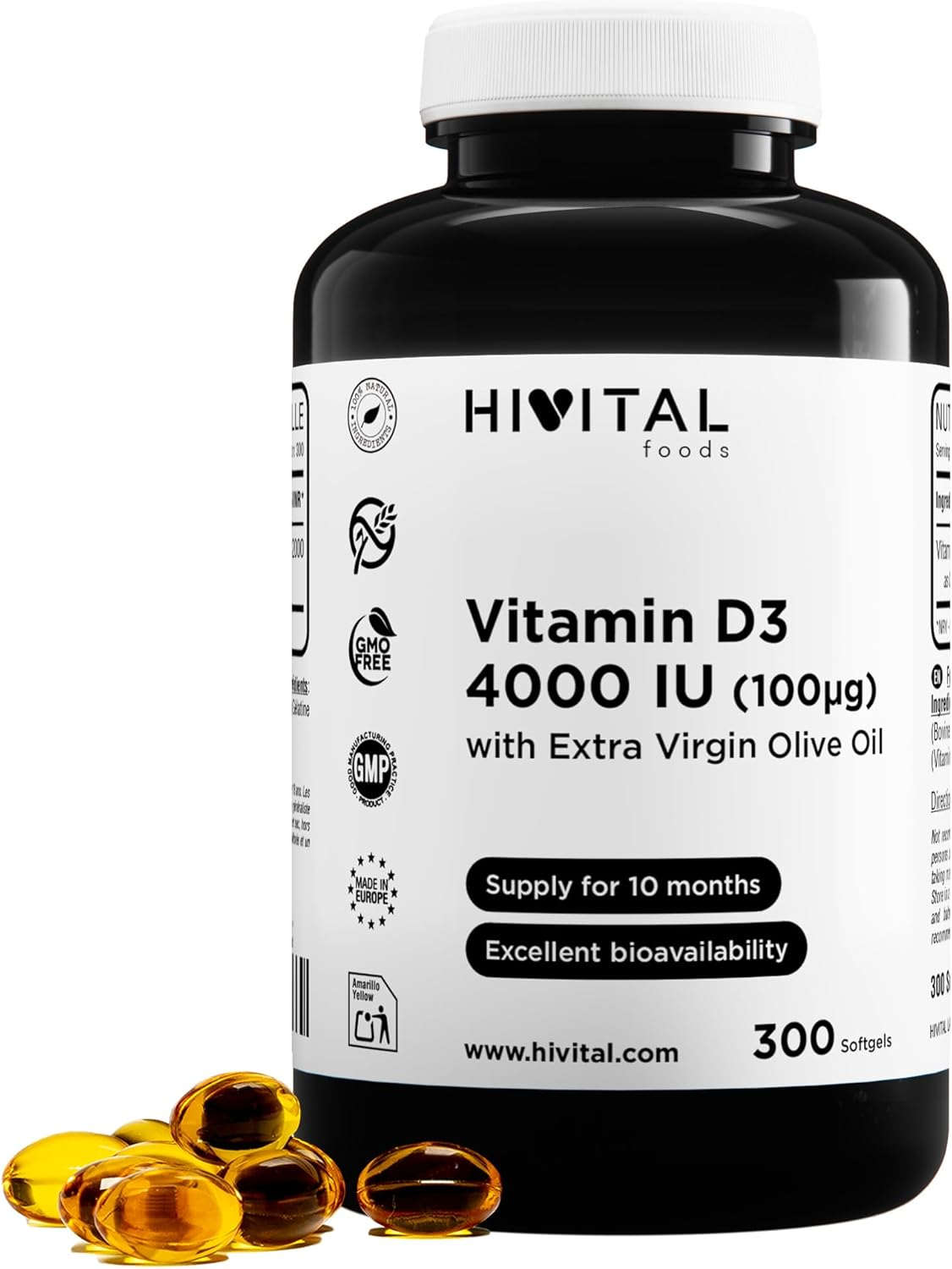 Vitamina D3 4000 UI. 300 Perlas Para 10 Meses De Tratamiento. Vitamina D Natural