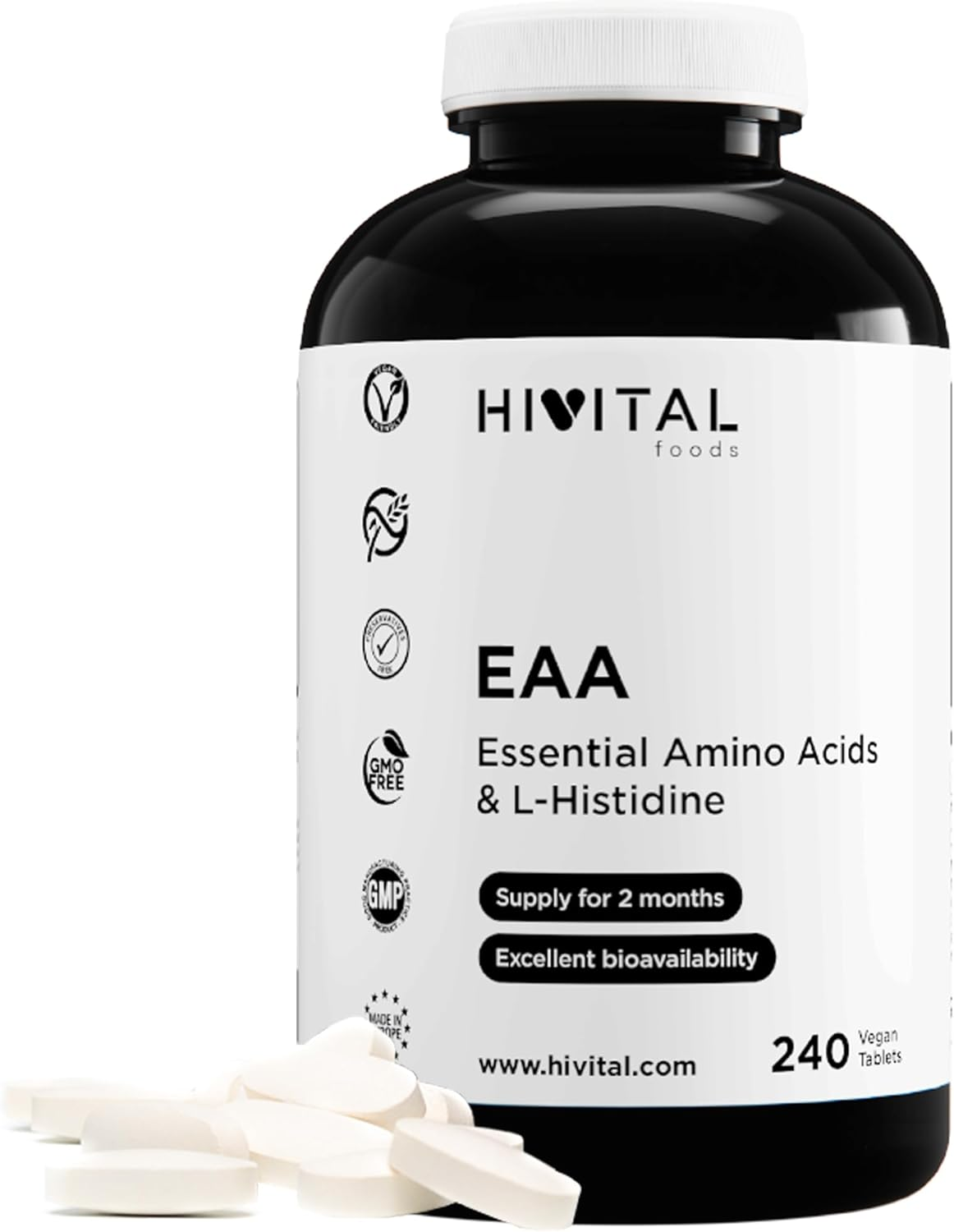 EAA Aminoácidos Esenciales. 240 Comprimidos Veganos Para 2 Meses De Tratamiento.