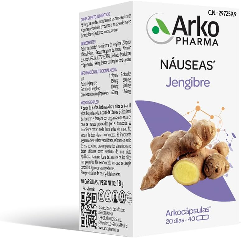 Arkopharma Arkocápsulas Jengibre BIO 40 Cápsulas, Evita Sensación De Náuseas Y M