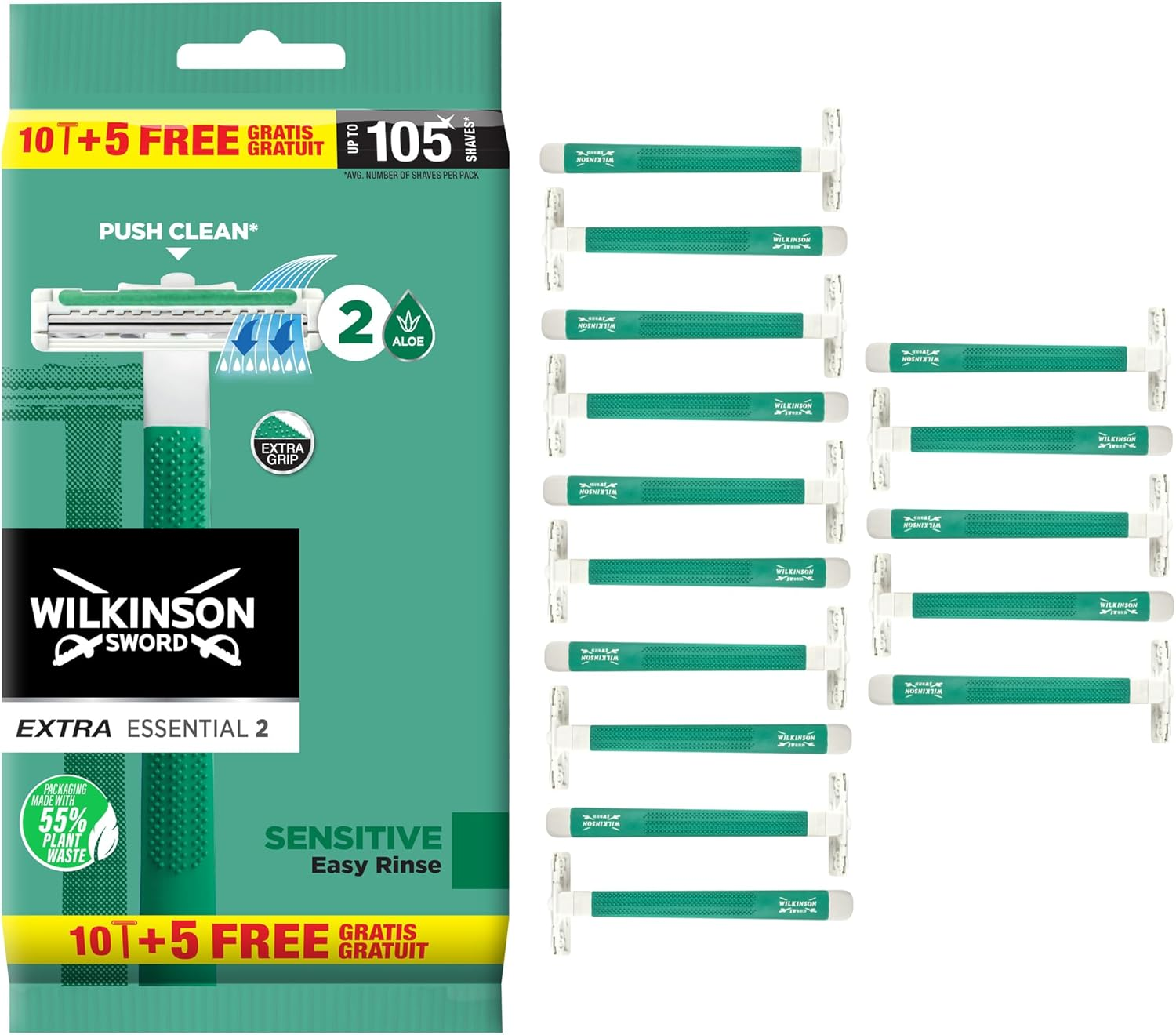 Wilkinson Sword Extra 2 Sensitive - Máquinas Desechables De Plástico, 10 + 5 Uni