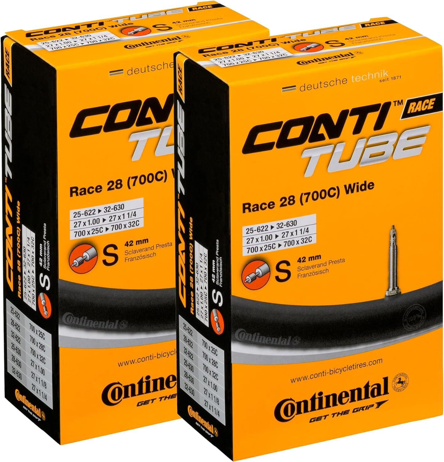 Continental Pack 2 Cámaras Road 28 Wide, 700C 25-32, Válvula Presta (Fina), 42 M