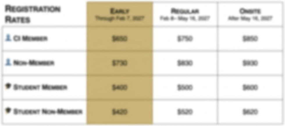 Digital table graphic displaying pricing tiers for early bird and regular registration. Dates indicate deadlines for each pricing period.