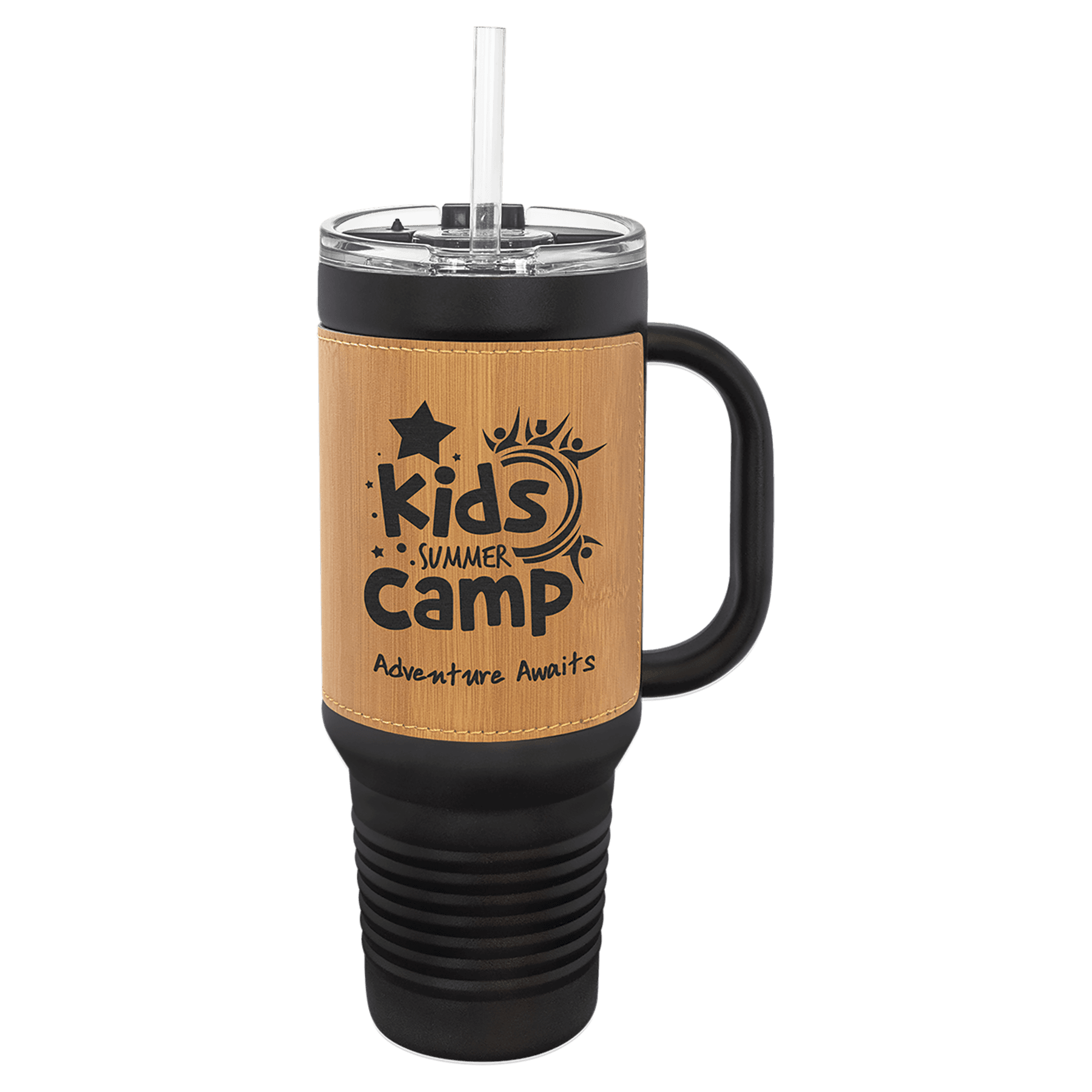 Polar Camel 40 oz. Black with Bamboo Laserable Leatherette Travel Mug with a Ha