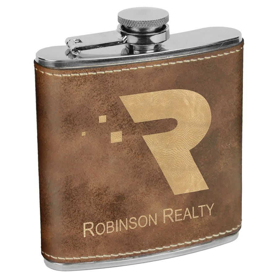 6 oz. Rustic/Gold Laserable Leatherette Stainless Steel Flask