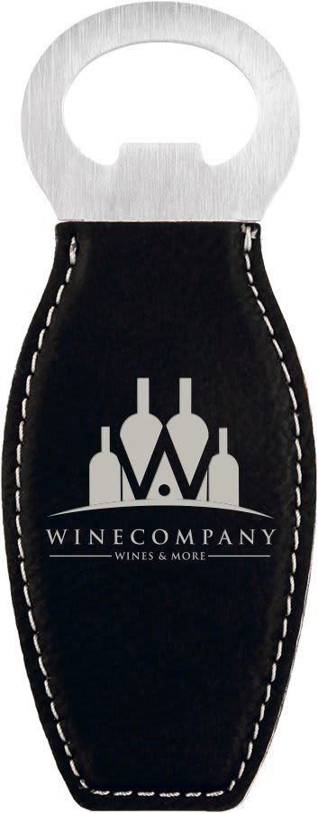 Black/Silver Laserable Leatherette Bottle Opener with Magnet