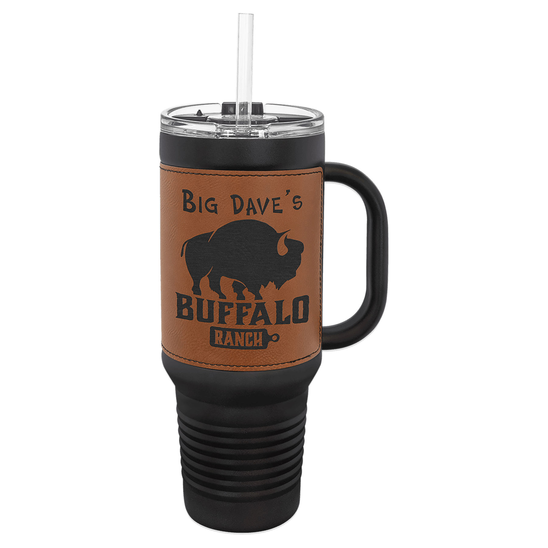 Polar Camel 40 oz. Black with Rawhide Laserable Leatherette Travel Mug with a H