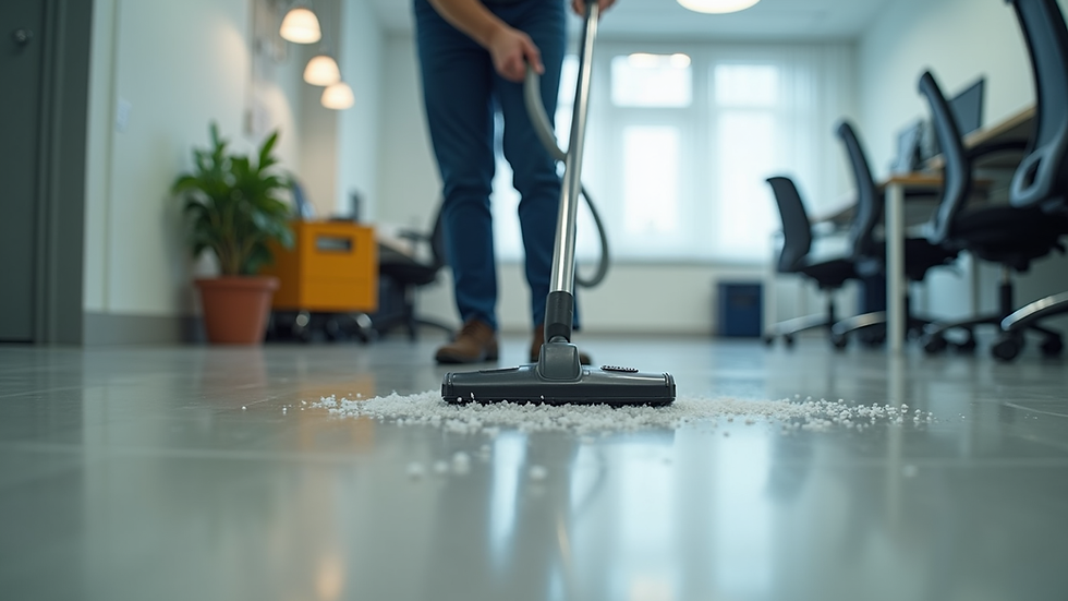 Eye-level view of a professional cleaner vacuuming an office floor