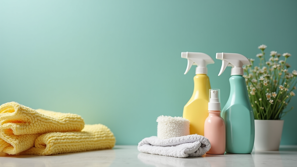 Close-up of cleaning equipment and eco-friendly cleaning products