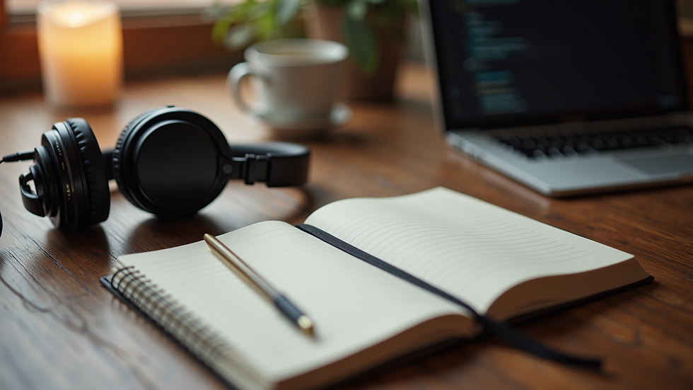 High angle view of a cozy workspace with a notebook and headphones