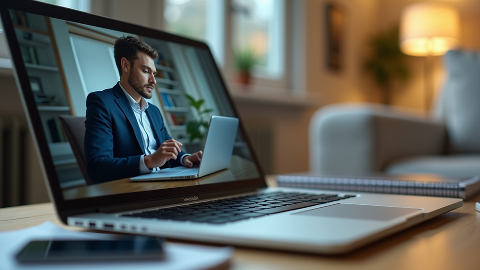 Eye-level view of a laptop with an online English lesson on screen