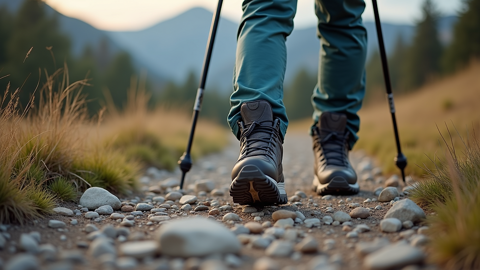 Close-up view of hiking boots and trekking poles on a rocky trail