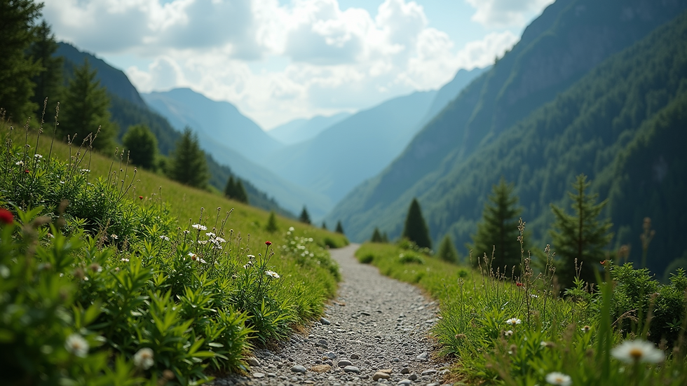 Eye-level view of a scenic mountain trail winding through lush greenery