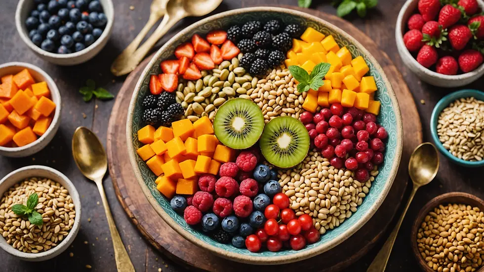 Eye-level view of a vibrant bowl filled with colorful superfoods