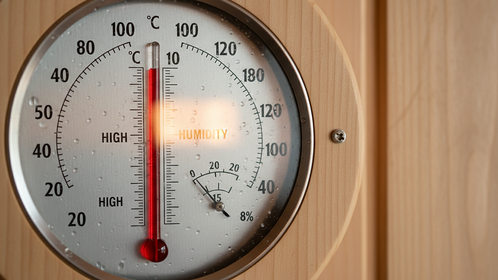 Close-up view of sauna thermometer showing high temperature