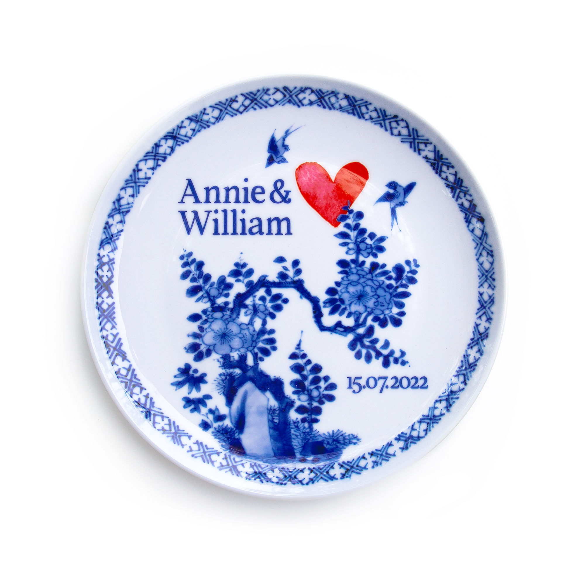 Personalised blue and white wedding plate